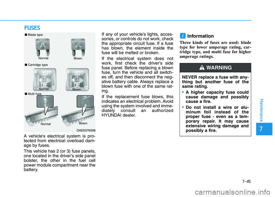 HYUNDAI NEXO 2022  Owners Manual 7-45
7
Maintenance
F
FU
U S
SE
E S
S
A vehicles electrical system is pro-
tected from electrical overload dam-
age by fuses.
This vehicle has 2 (or 3) fuse panels,
one located in the drivers side pa