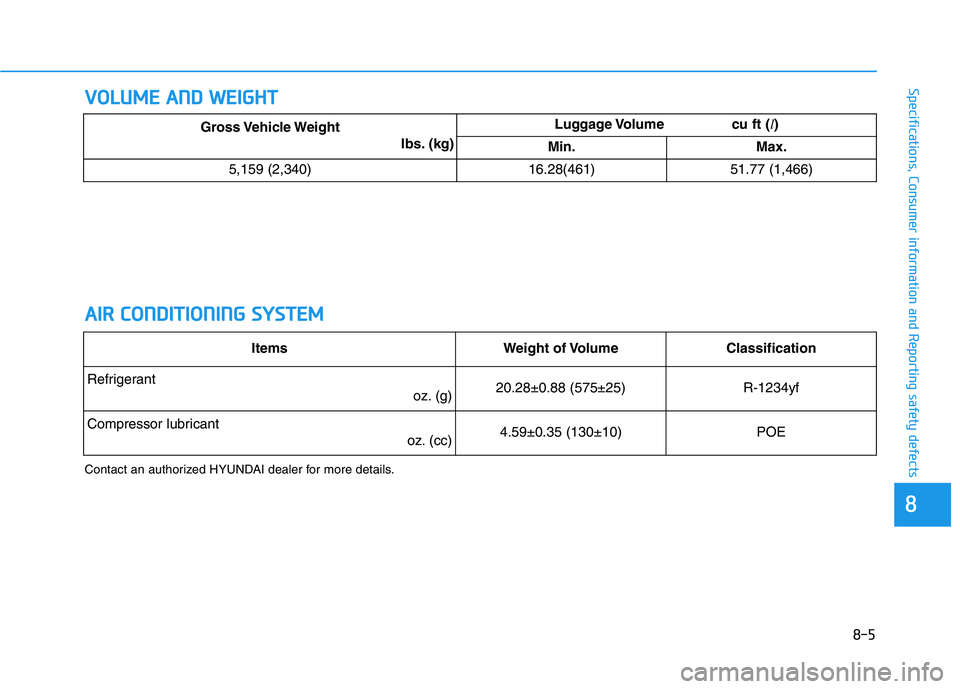 HYUNDAI NEXO 2022  Owners Manual 8-5
88
Specifications, Consumer information and Reporting safety defectsV VO
OL
LU
UM
ME
E 
 A
AN
ND
D 
 W
WE
EI
IG
GH
HT
T
A AI
IR
R 
 C
CO
ON
ND
DI
IT
TI
IO
ON
NI
IN
NG
G 
 S
SY
YS
ST
TE
EM
M
Contac