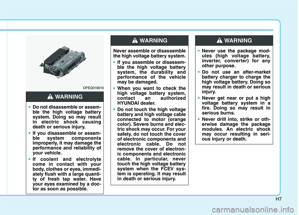 HYUNDAI NEXO 2022  Owners Manual H7
OFEQ018010
•Do not disassemble or assem-
ble the high voltage battery
system. Doing so may result
in electric shock causing
death or serious injury.
If you disassemble or assem-
ble system compon