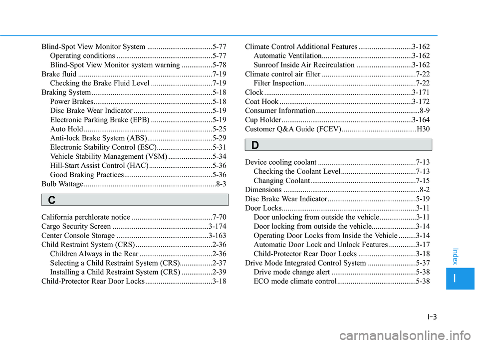 HYUNDAI NEXO 2022 Owners Manual I-3
Blind-Spot View Monitor System ..................................5-77
Operating conditions ..................................................5-77
Blind-Spot View Monitor system warning ........... HYUNDAI NEXO 2022 Owners Manual I-3
Blind-Spot View Monitor System ..................................5-77
Operating conditions ..................................................5-77
Blind-Spot View Monitor system warning ...........