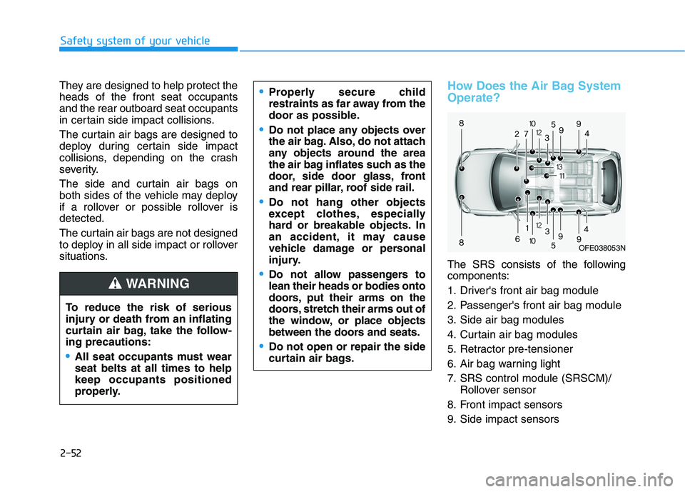 HYUNDAI NEXO 2021  Owners Manual 2-52
Safety system of your vehicle
They are designed to help protect the
heads of the front seat occupants
and the rear outboard seat occupants
in certain side impact collisions.
The curtain air bags 