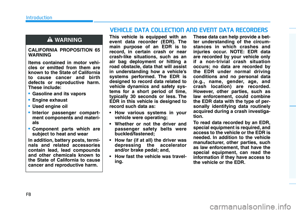 HYUNDAI NEXO 2021 Owners Manual F8
IntroductionThis vehicle is equipped with an
event data recorder (EDR). The
main purpose of an EDR is to
record, in certain crash or near
crash-like situations, such as an
air bag deployment or hit HYUNDAI NEXO 2021 Owners Manual F8
IntroductionThis vehicle is equipped with an
event data recorder (EDR). The
main purpose of an EDR is to
record, in certain crash or near
crash-like situations, such as an
air bag deployment or hit