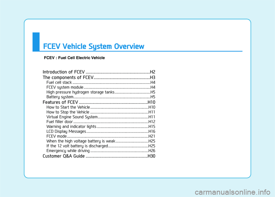 HYUNDAI NEXO 2020 Owners Manual Introduction of FCEV .........................................................H2
The components of FCEV..................................................H3
Fuel cell stack ............................ HYUNDAI NEXO 2020 Owners Manual Introduction of FCEV .........................................................H2
The components of FCEV..................................................H3
Fuel cell stack ............................
