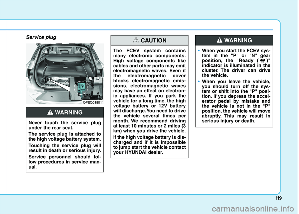 HYUNDAI NEXO 2020 Owners Manual H9
Service plug
OFEQ018011
The FCEV system contains
many electronic components.
High voltage components like
cables and other parts may emit
electromagnetic waves. Even if
the electromagnetic cover
bl HYUNDAI NEXO 2020 Owners Manual H9
Service plug
OFEQ018011
The FCEV system contains
many electronic components.
High voltage components like
cables and other parts may emit
electromagnetic waves. Even if
the electromagnetic cover
bl