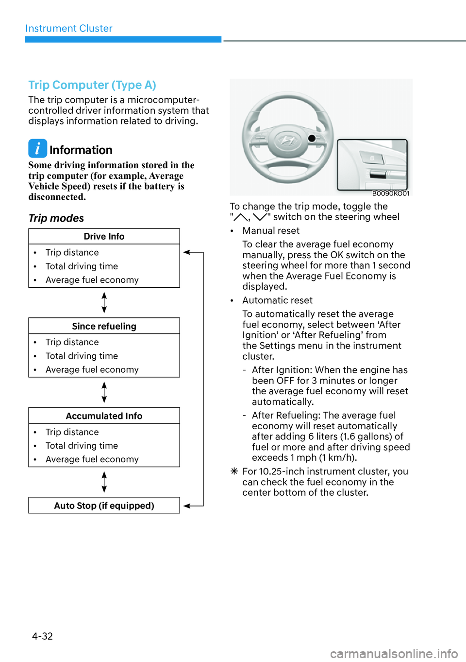 HYUNDAI PALISADE 2023 Owners Manual Instrument Cluster4-32
Trip Computer (Type A)
The trip computer is a microcomputer-
controlled driver information system that
displays information related to driving.
Information
Some driving inform HYUNDAI PALISADE 2023 Owners Manual Instrument Cluster4-32
Trip Computer (Type A)
The trip computer is a microcomputer-
controlled driver information system that
displays information related to driving.
Information
Some driving inform