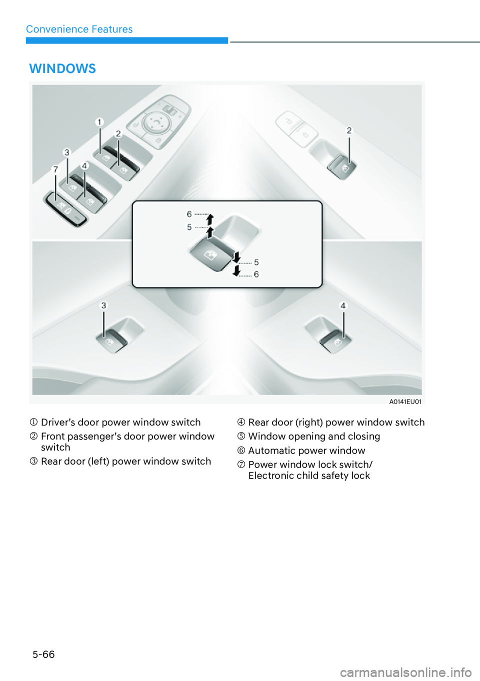 HYUNDAI PALISADE 2023  Owners Manual Convenience Features5-66
A0141EU01
WINDOWS
�M Driver’s door power window switch
�N  Front passenger’s door power window  switch
�O Rear door (left) power window switch �P Rear door (right) power w