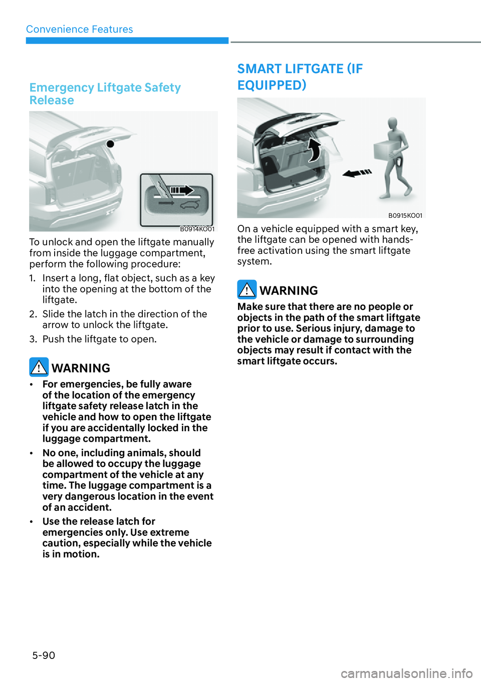 HYUNDAI PALISADE 2023  Owners Manual Convenience Features5-90
Emergency Liftgate Safety 
Release
B0914KO01
To unlock and open the liftgate manually 
from inside the luggage compartment, 
perform the following procedure:
1.  Insert a long