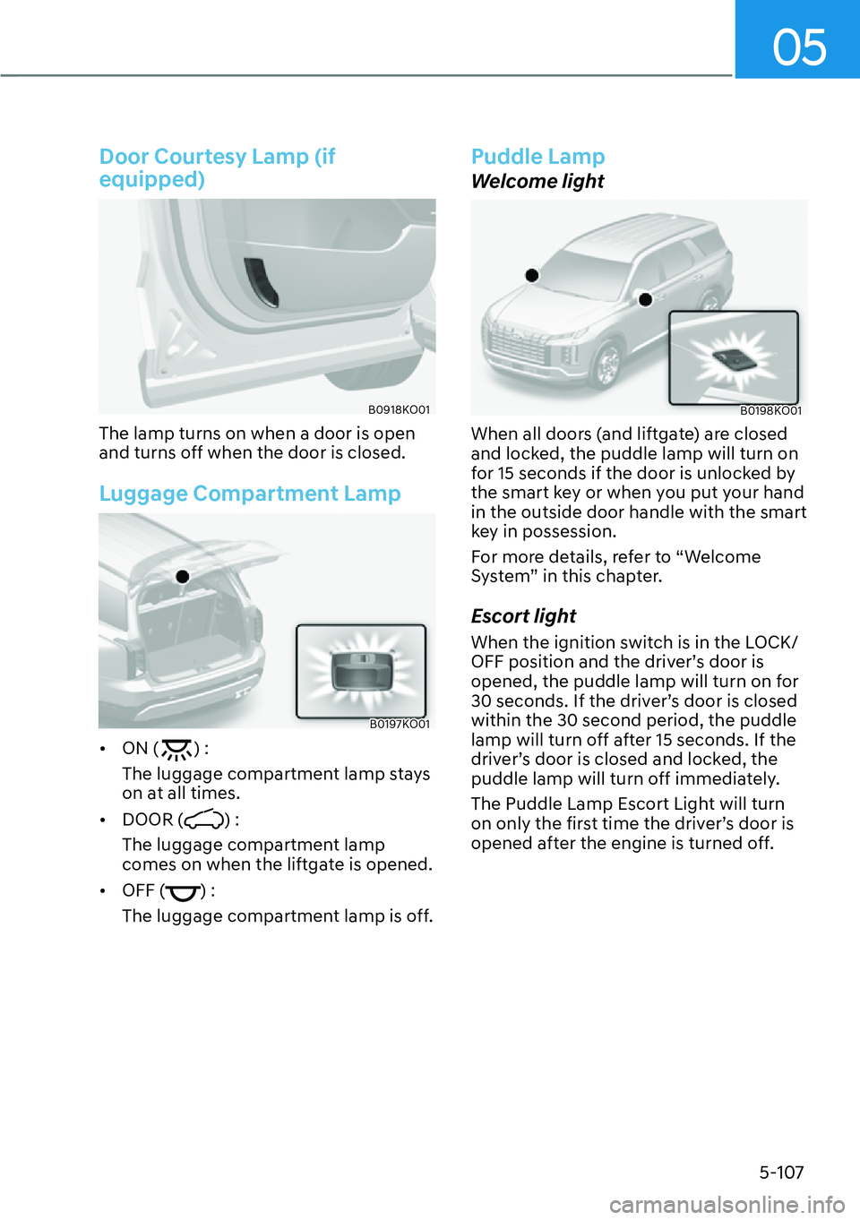HYUNDAI PALISADE 2023  Owners Manual 05
5-107
Door Courtesy Lamp (if 
equipped)
B0918KO01
The lamp turns on when a door is open 
and turns off when the door is closed.
Luggage Compartment Lamp
B0197KO01
[�ON () :
The luggage compartmen