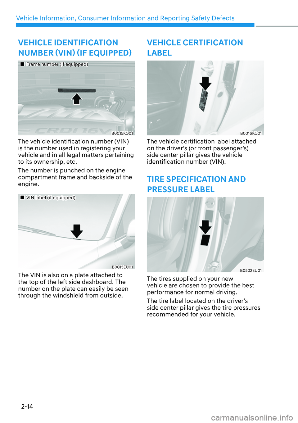 HYUNDAI PALISADE 2023 Owners Manual Vehicle Information, Consumer Information and Reporting Safety Defects2-14
VEHICLE IDENTIFICATION 
�1�8�0�%�(�5�í�9�,�1î�í�,�)��(�4�8�,�3�3�(�î
��„Frame number (if equipped)
B0015KO01
T