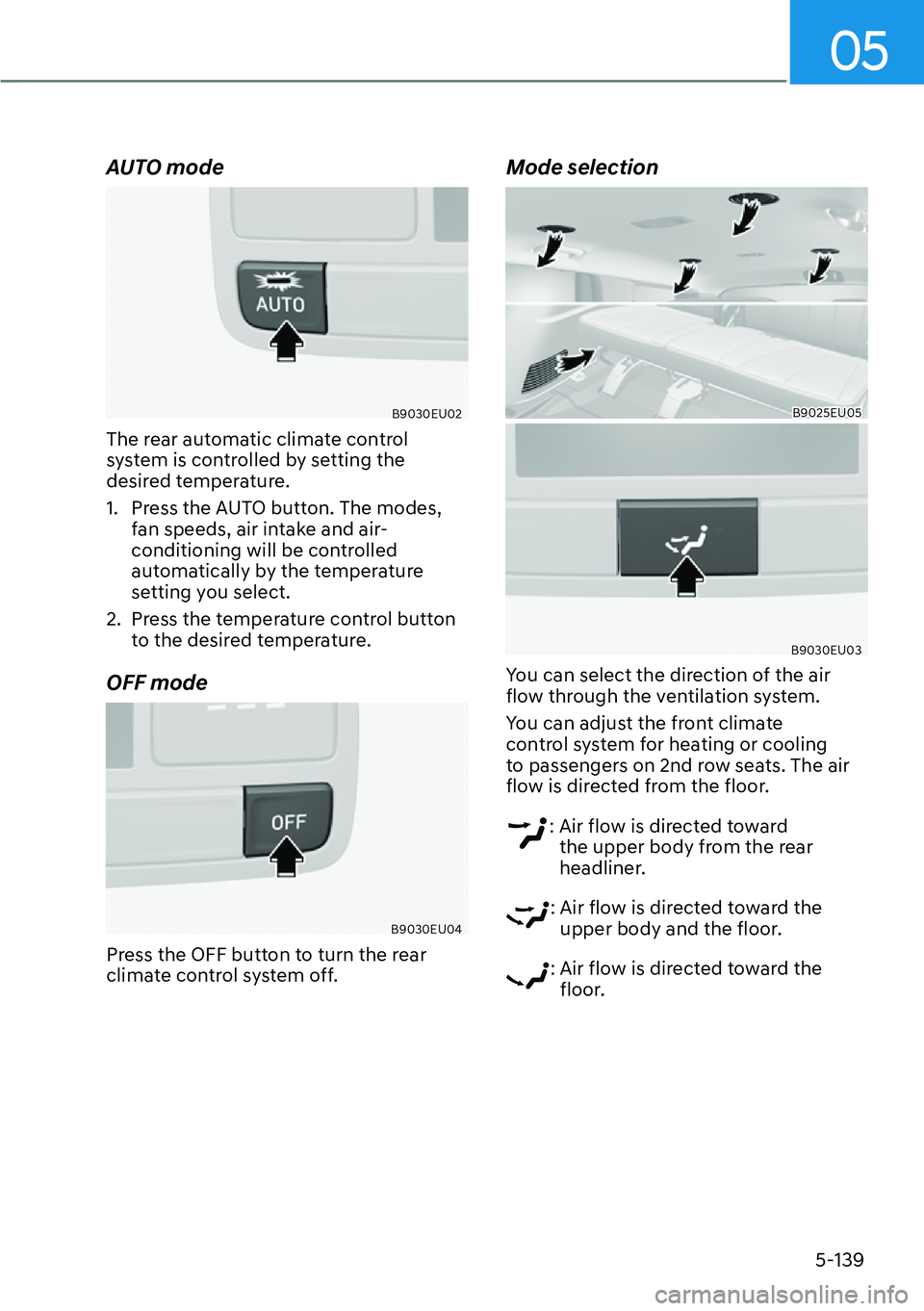 HYUNDAI PALISADE 2023  Owners Manual 05
5-139
AUTO mode
B9030EU02
The rear automatic climate control 
system is controlled by setting the 
desired temperature.
1.  Press the AUTO button. The modes, fan speeds, air intake and air-
conditi