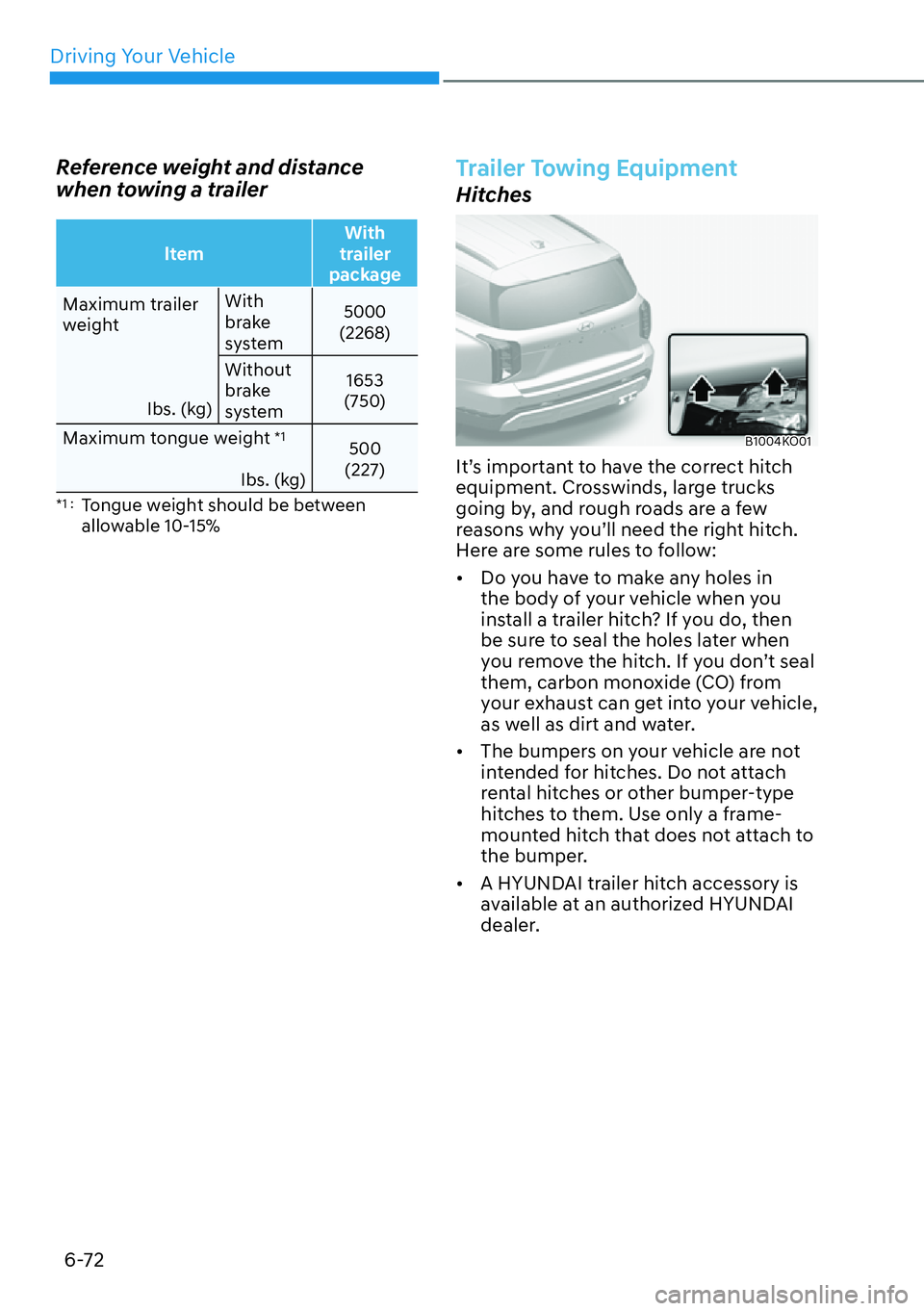 HYUNDAI PALISADE 2023 Owners Manual Driving Your Vehicle6-72
Reference weight and distance
when towing a trailer
ltem With
trailer
package
Maximum trailer
w
eight
Ibs. (kg) With
brake
system
5000
(2268)
Without
brake
system 16 HYUNDAI PALISADE 2023 Owners Manual Driving Your Vehicle6-72
Reference weight and distance
when towing a trailer
ltem With
trailer
package
Maximum trailer
w
eight
Ibs. (kg) With
brake
system
5000
(2268)
Without
brake
system 16