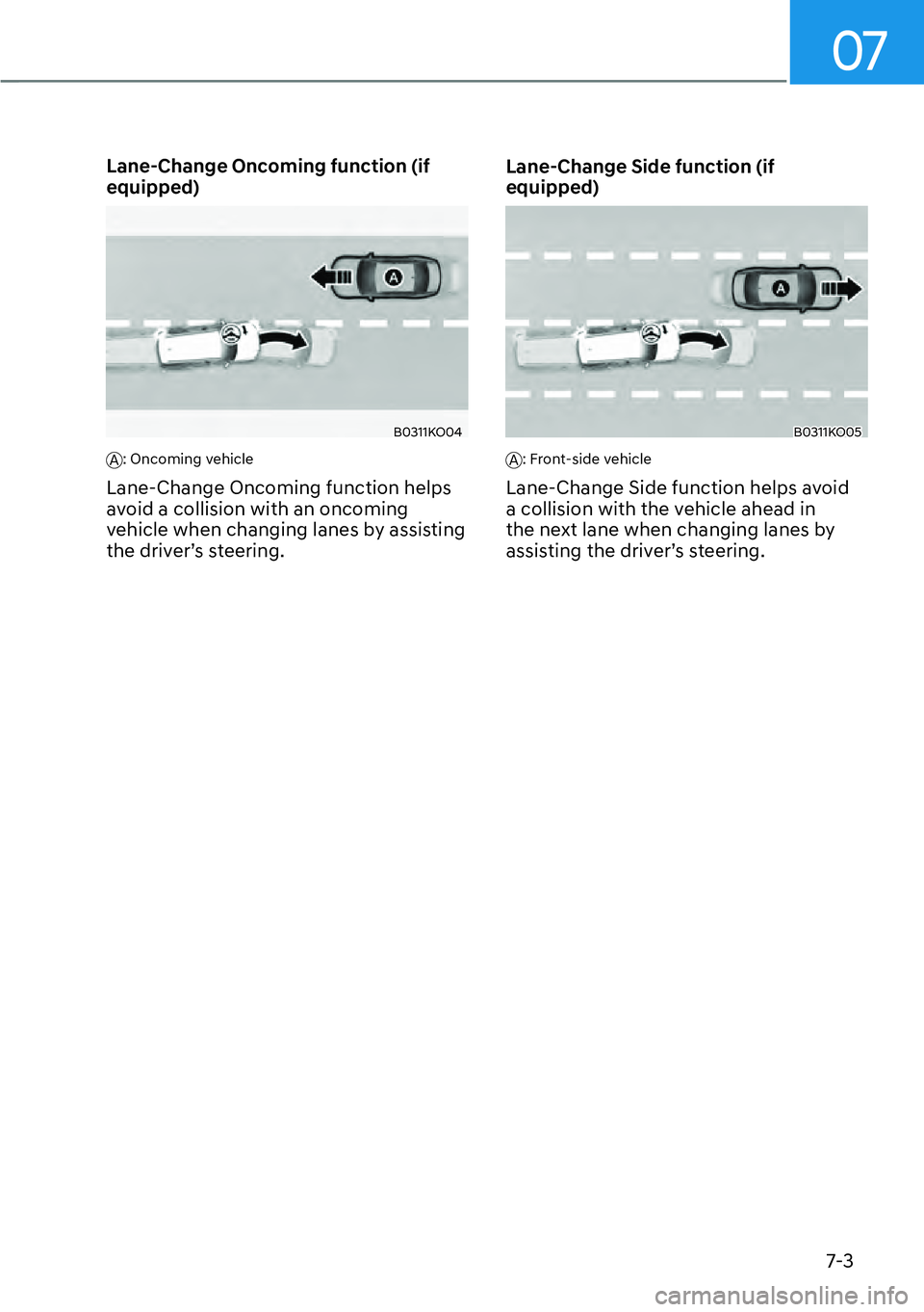 HYUNDAI PALISADE 2023  Owners Manual 07
7-3
Lane-Change Oncoming function (if 
equipped)
B0311KO04
A: Oncoming vehicle
Lane-Change Oncoming function helps 
avoid a collision with an oncoming 
vehicle when changing lanes by assisting 
the