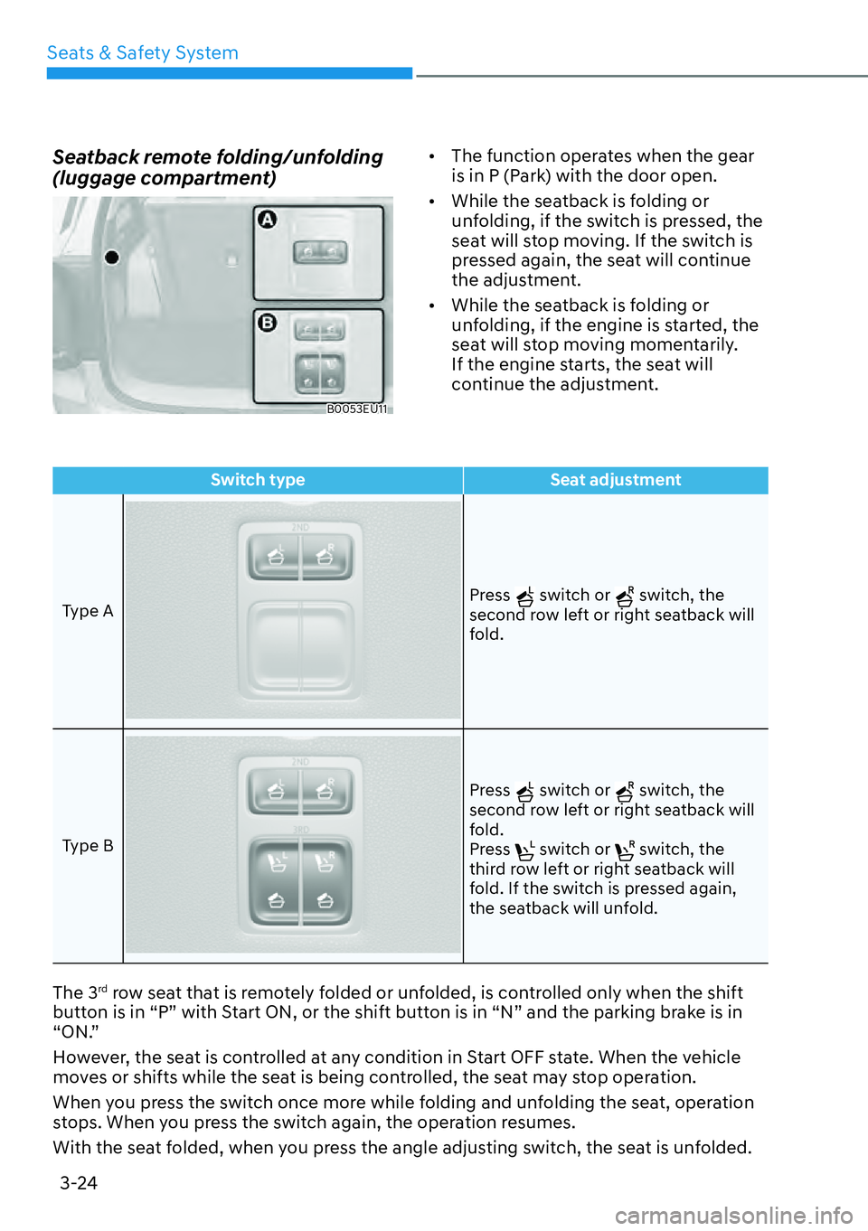 HYUNDAI PALISADE 2023 Workshop Manual Seats & Safety System3-24
Switch type Seat adjustment
Type A
Press  switch or  switch, the 
second row left or right seatback will 
fold. 
Type B
Press  switch or  switch, the 
second row left or righ