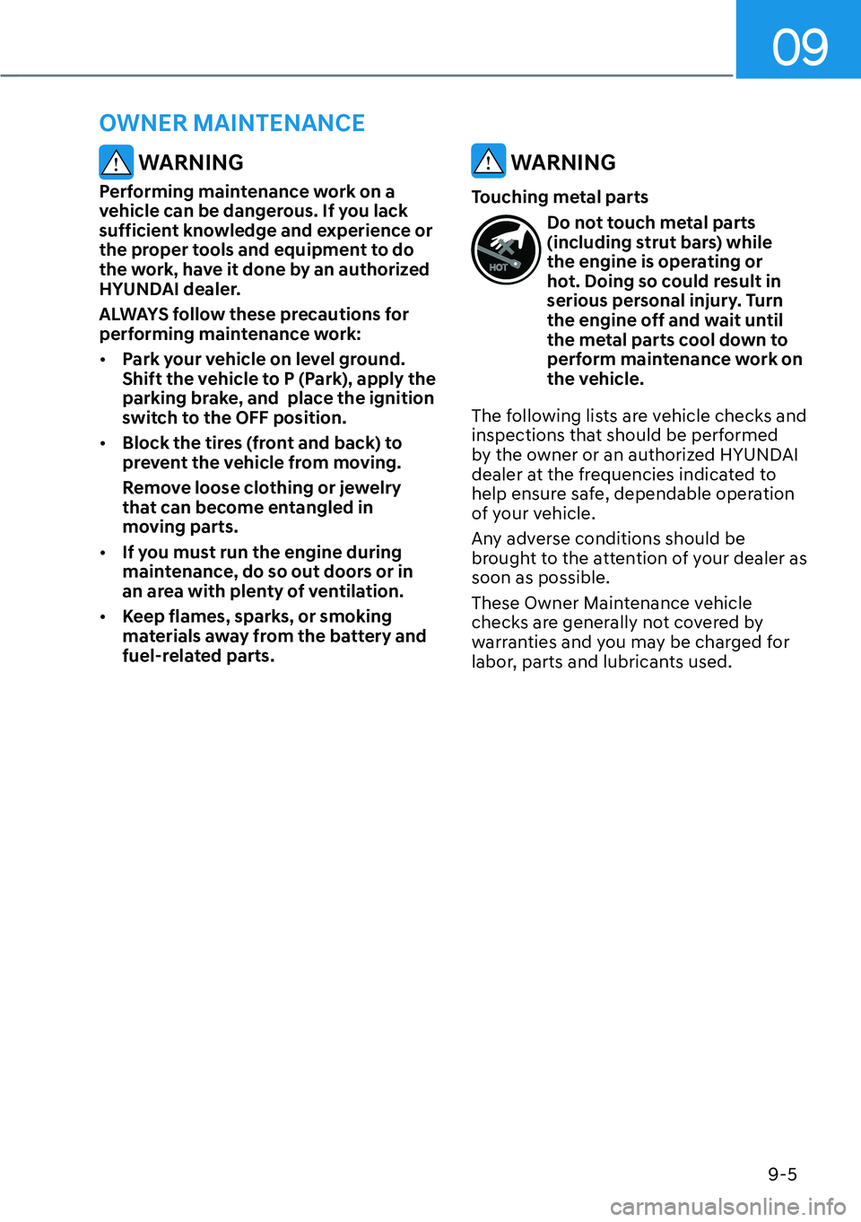 HYUNDAI PALISADE 2023  Owners Manual 09
9-5
 WARNING
Performing maintenance work on a 
vehicle can be dangerous. If you lack 
sufficient knowledge and experience or 
the proper tools and equipment to do 
the work, have it done by an auth