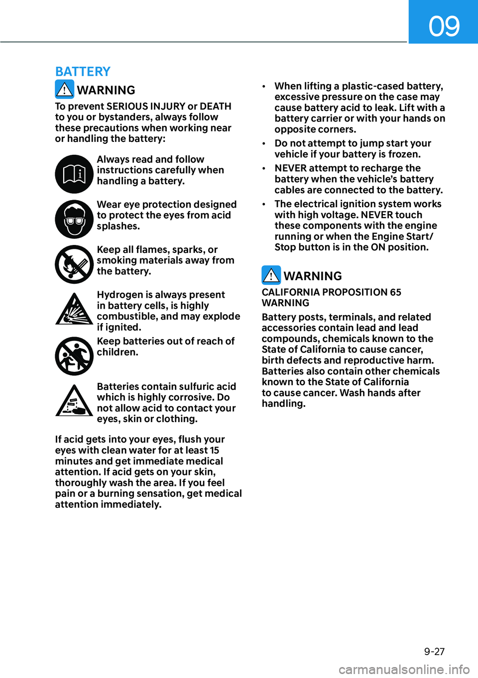 HYUNDAI PALISADE 2023  Owners Manual 09
9-27
 WARNING
To prevent SERIOUS INJURY or DEATH 
to you or bystanders, always follow 
these precautions when working near 
or handling the battery:
Always read and follow 
instructions carefully w