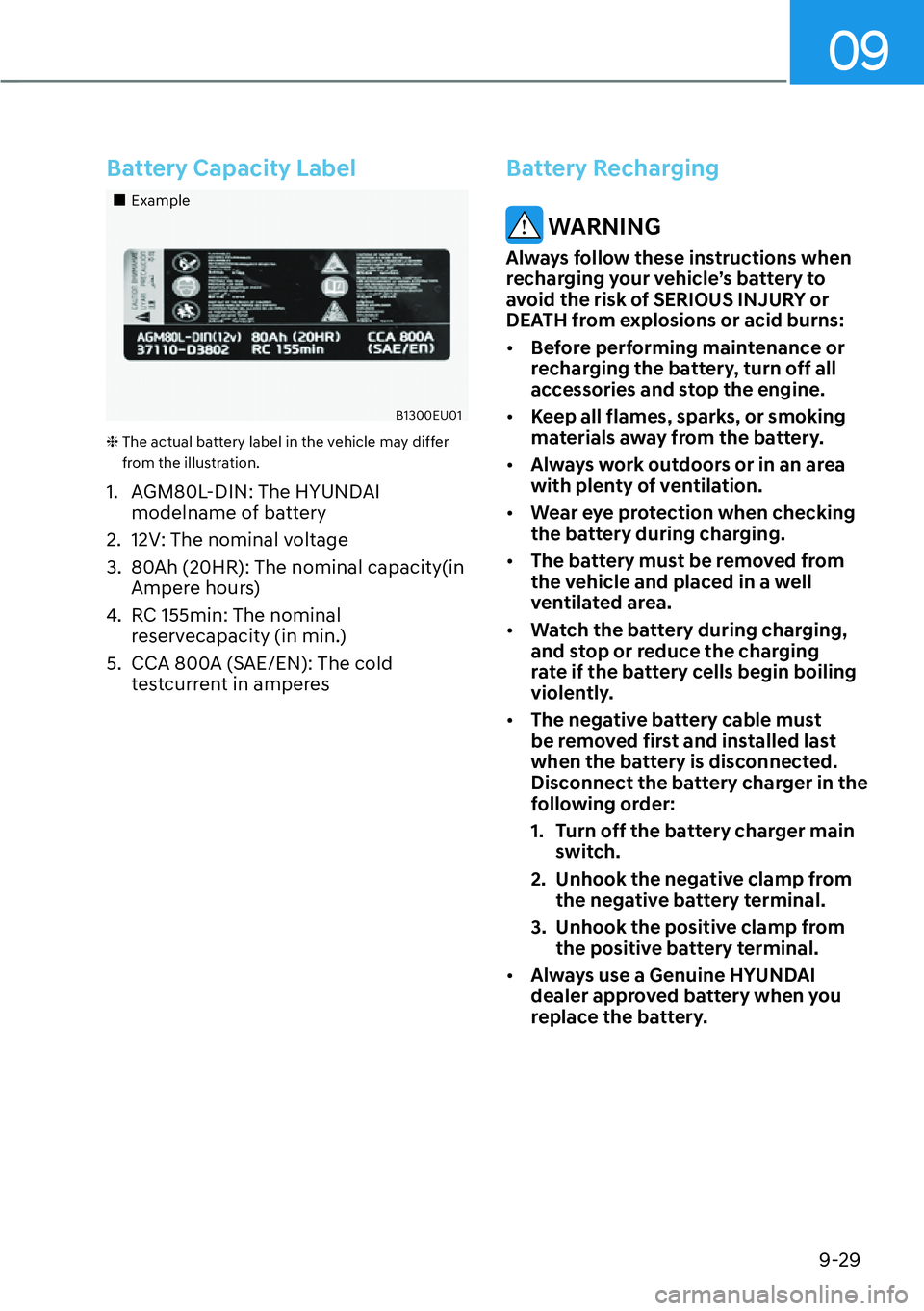 HYUNDAI PALISADE 2023  Owners Manual 09
9-29
Battery Capacity Label
��„Example
�%•—žž�(�8ž•
❈  The actual battery label in the vehicle may differ from the illustration.
1.  AGM80L-DIN: The HYUNDAI  modelname of batter
