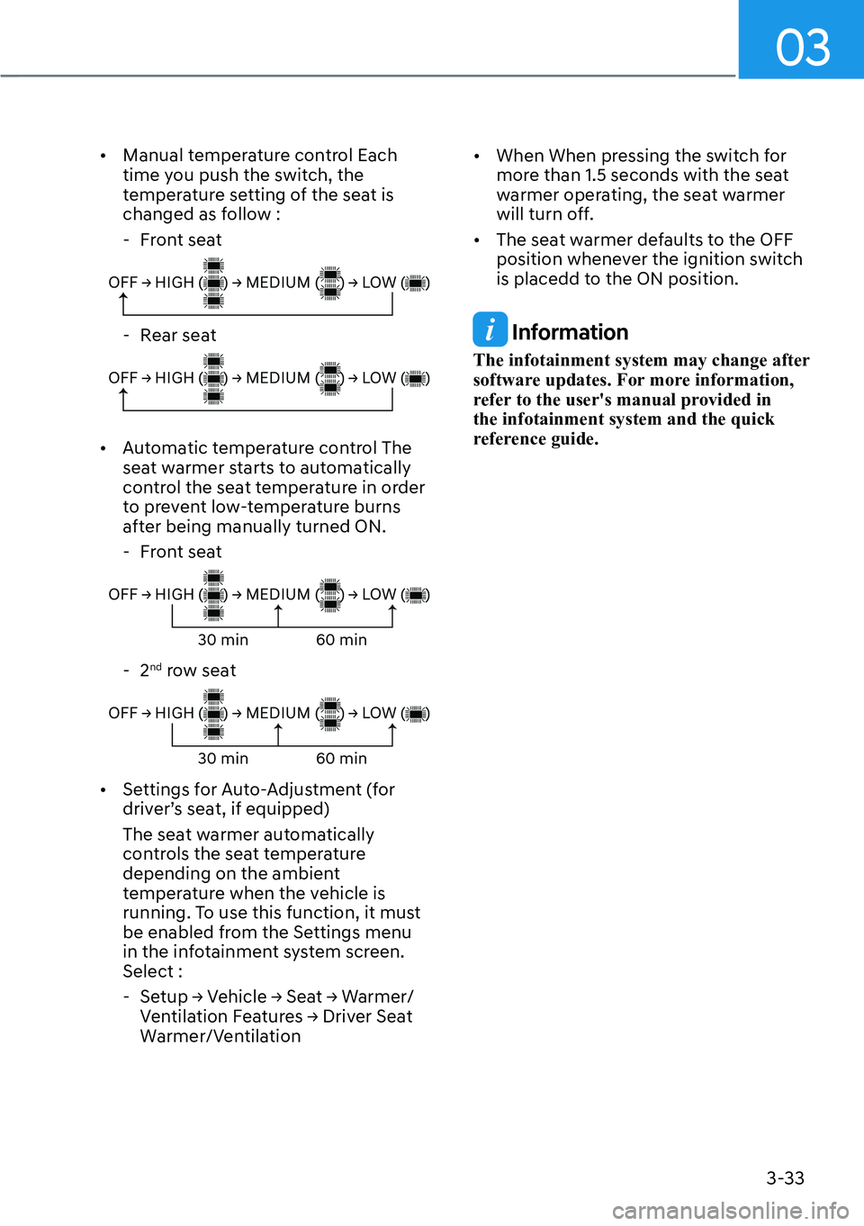 HYUNDAI PALISADE 2023 Repair Manual 03
3-33
[�Manual temperature control Each 
time you push the switch, the 
temperature setting of the seat is 
changed as follow :
 
- Front seat
�2�)�)�