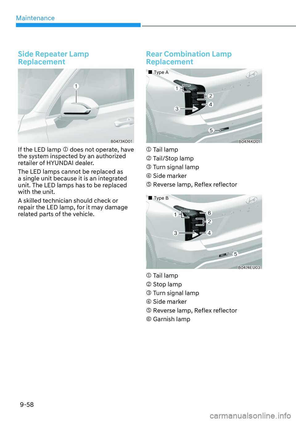 HYUNDAI PALISADE 2023  Owners Manual Maintenance9-58
Side Repeater Lamp 
Replacement
B0473KO01
If the LED lamp �M does not operate, have 
the system inspected by an authorized 
retailer of HYUNDAI dealer.
The LED lamps cannot be replaced