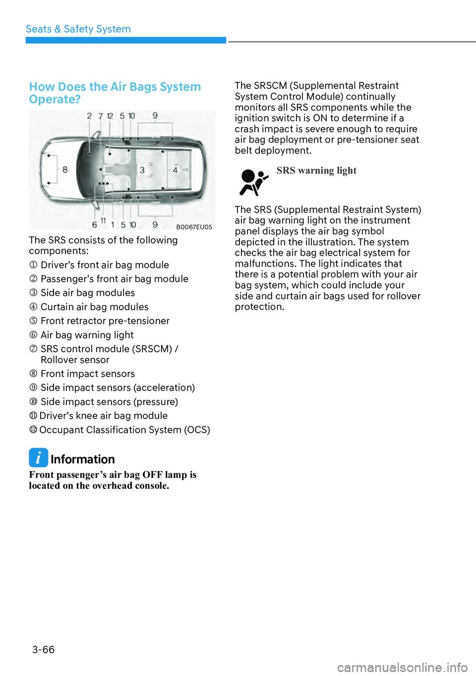 HYUNDAI PALISADE 2023  Owners Manual Seats & Safety System3-66
How Does the Air Bags System 
Operate? 
B0067EU05
The SRS consists of the following 
components:
�M Driver’s front air bag module
�N Passenger’s front air bag module
�O S