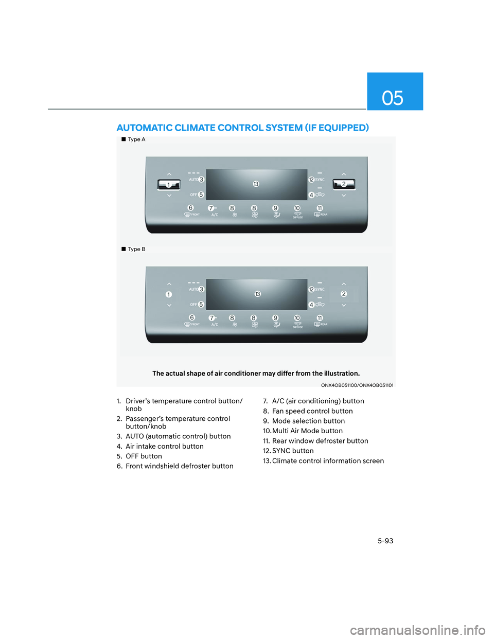 HYUNDAI SANTA CRUZ 2023  Owners Manual 05
5-93
���„�„Type AType A
���„�„Type BType B
The actual shape of air conditioner may differ from the illustration.
ONX4OB051100/ONX4OB051101ONX4OB051100/ONX4OB051101
�$�8�7�2�0�$�7�,�&��