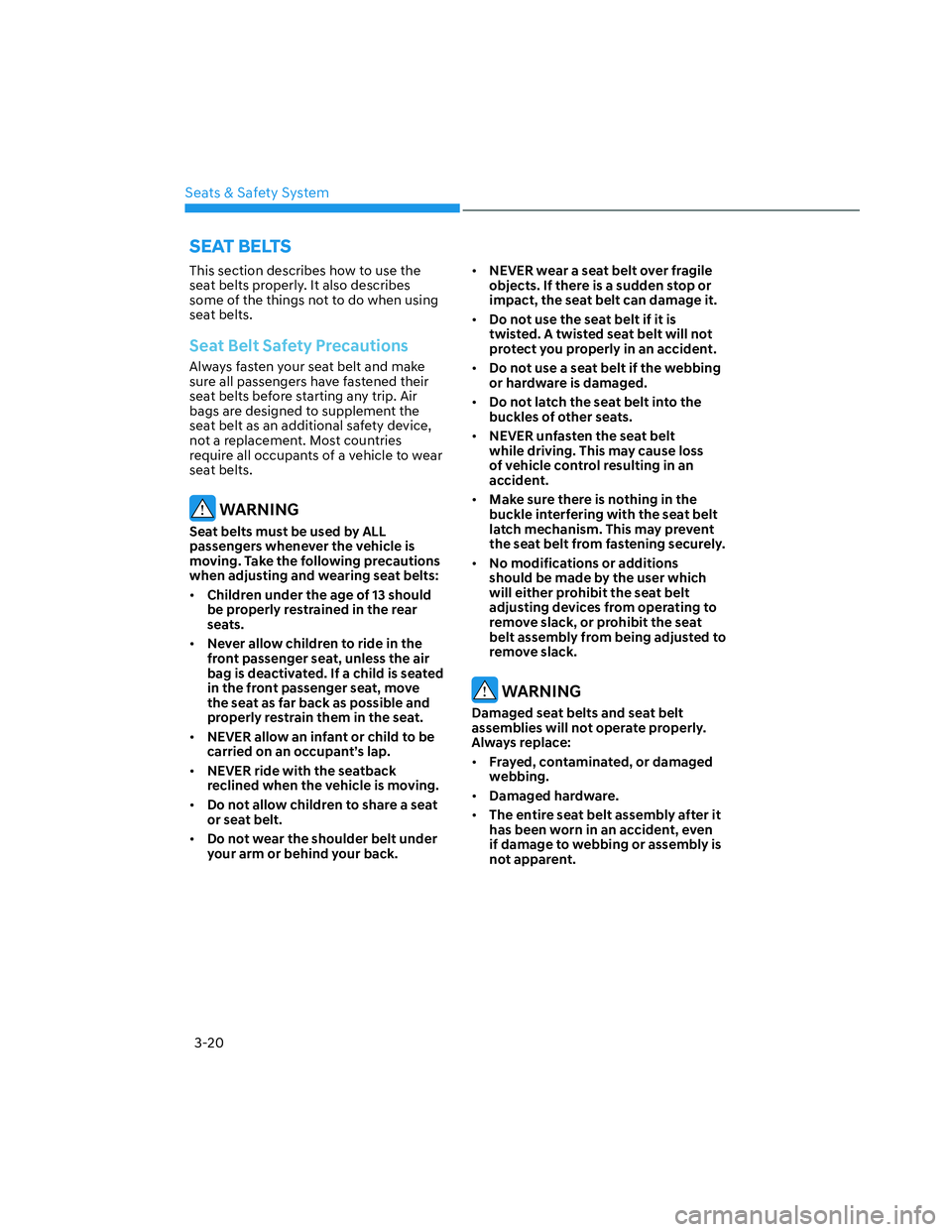 HYUNDAI SANTA CRUZ 2023 Service Manual Seats & Safety System
3-20
This section describes how to use the 
seat belts properly. It also describes 
some of the things not to do when using 
seat belts.
Seat Belt Safety Precautions
Always faste