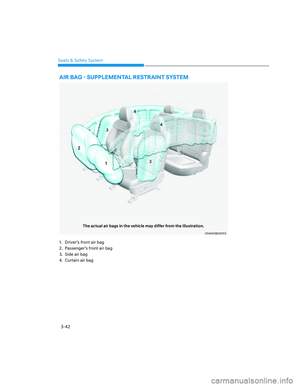 HYUNDAI SANTA CRUZ 2023 Manual PDF 3-42
Seats & Safety System
The actual air bags in the vehicle may differ from the illustration.
ONX4OB031013ONX4OB031013
�$�,�5��%�$�*�
