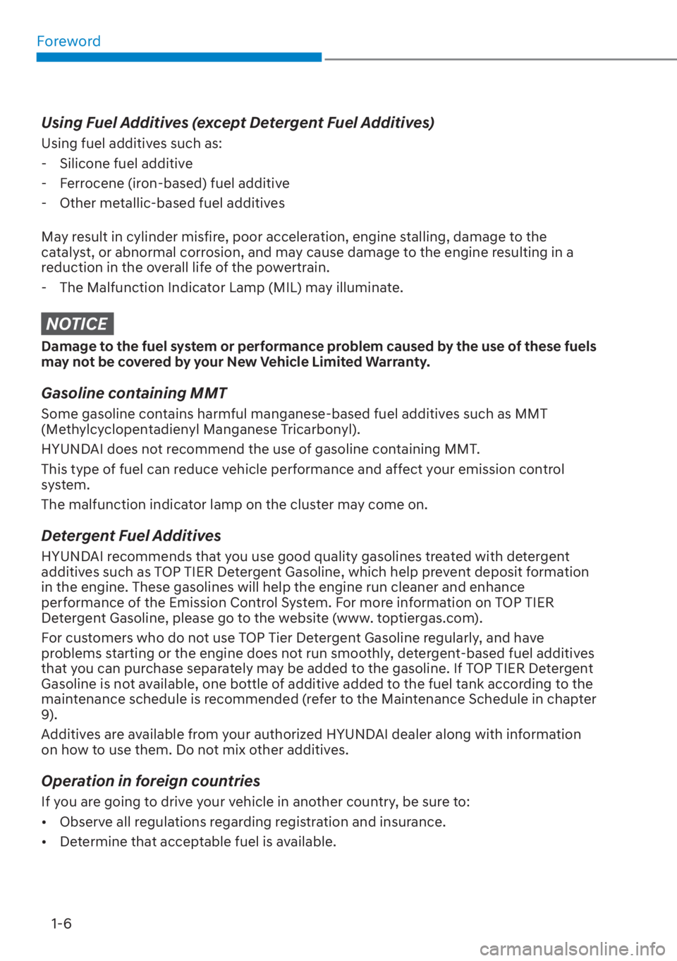 HYUNDAI SANTA FE 2023 User Guide Foreword1-6
Using Fuel Additives (except Detergent Fuel Additives)
Using fuel additives such as: - Silicone fuel additive
 - Ferrocene (iron-based) fuel additive
 - Other metallic-based fuel additives