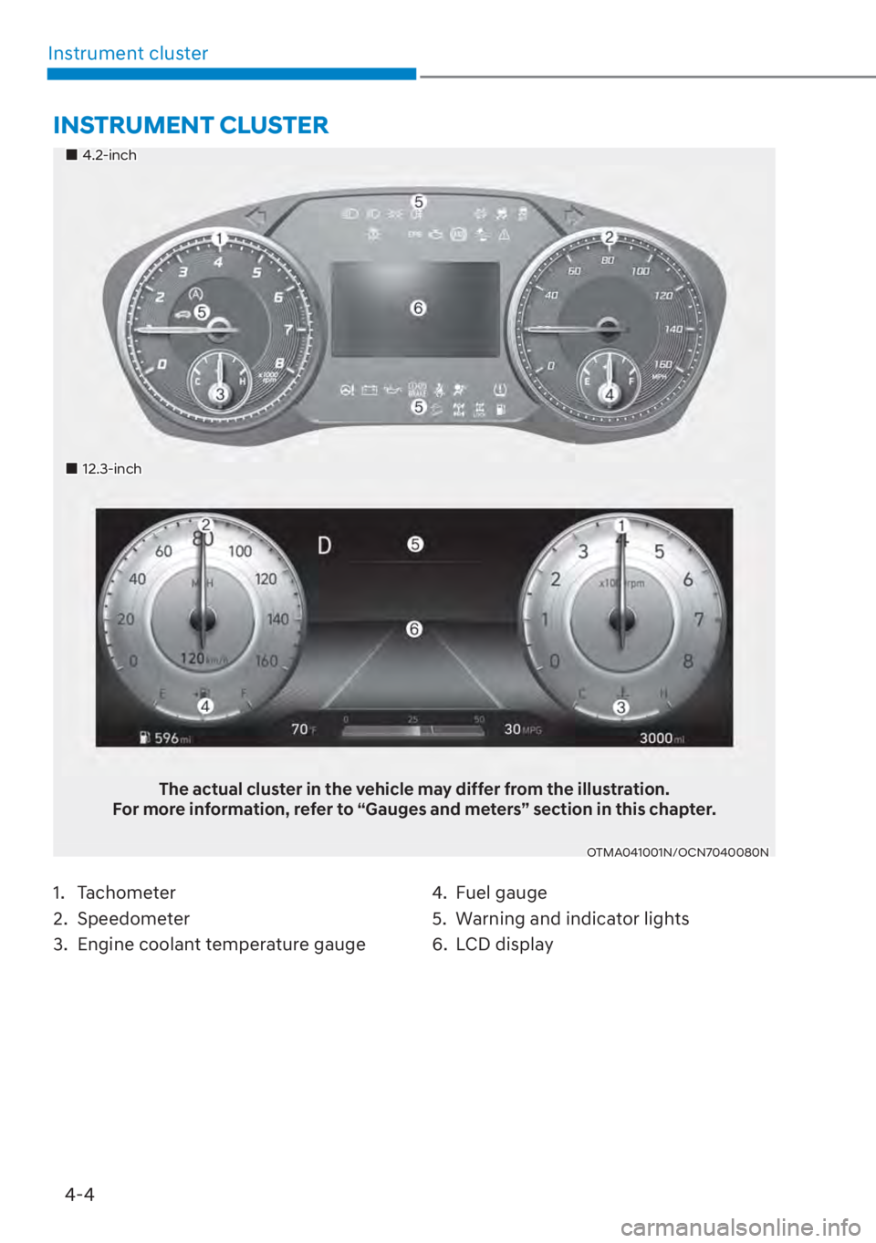 HYUNDAI SANTA FE 2023  Owners Manual 4-4
Instrument cluster
��„4.2-inch
��„12.3-inch
The actual cluster in the vehicle may differ from the illustration.
For more information, refer to “Gauges and meters” section in this chapter