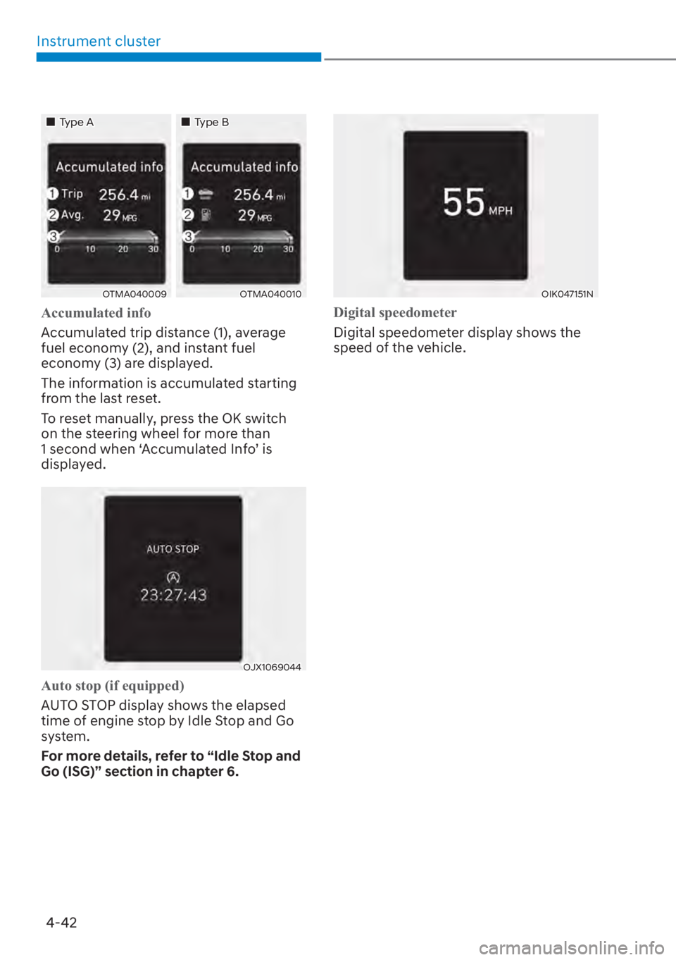 HYUNDAI SANTA FE 2023 Owners Manual Instrument cluster4-42
��„Type A ��„Type B
OTMA040009OTMA040010
Accumulated info
Accumulated trip distance (1), average 
fuel econom

y (2), and instant fuel 
economy (3) are displayed.
The info