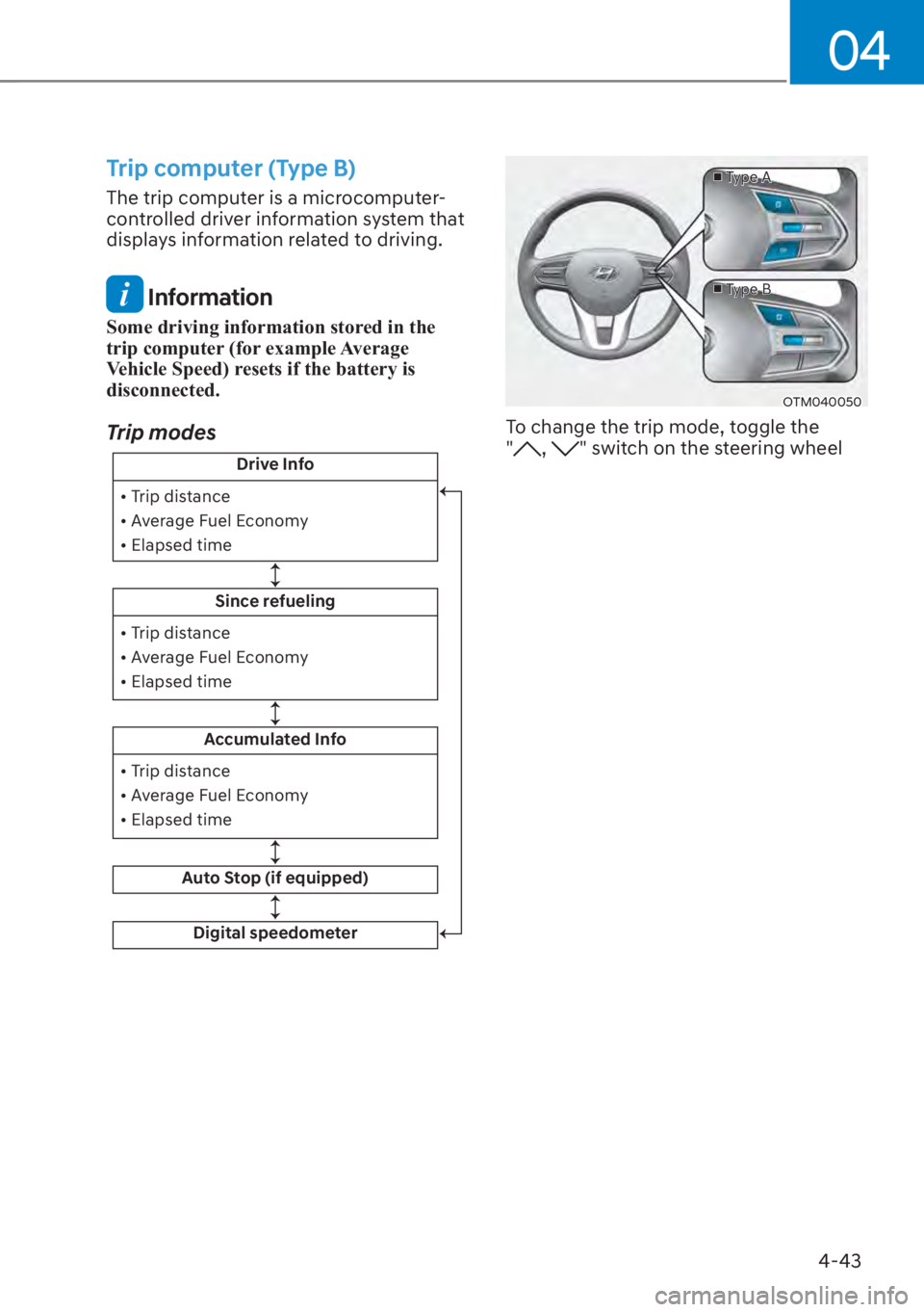 HYUNDAI SANTA FE 2023  Owners Manual 04
4-43
Trip computer (Type B)
The trip computer is a microcomputer-
controlled driver information system that 
displays information related to driving.
 Information
Some driving information stored in