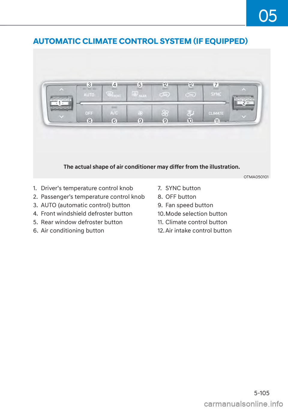 HYUNDAI SANTA FE 2023  Owners Manual 05
5-105
The actual shape of air conditioner may differ from the illustration.
OTMA050101
�$�8�7�2�0�$�7�,�&��&�/�,�0�$�7�(��&�2�1�7�5�2�/��6�<�6�7�(�0�
