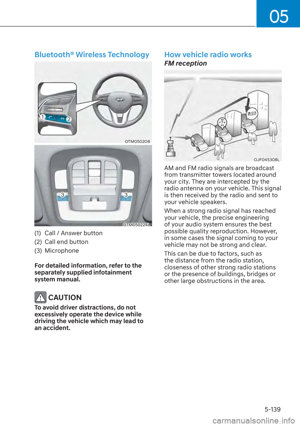 HYUNDAI SANTA FE 2023  Owners Manual 05
5-139
Bluetooth® Wireless Technology
OTM050208
OTM050224L
(1)  Call / Answer button
(2)  Call end button
(3) Microphone
For detailed information, refer to the 
separately supplied infotainment 
sy