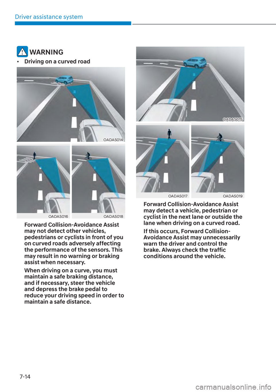 HYUNDAI SANTA FE 2023  Owners Manual Driver assistance system7-14
 WARNING
[� Driving on a curved road
OADAS014
OADAS016OADAS018
Forward Collision-Avoidance Assist 
may not detect other vehicles, 
pedestrians or cyclists in front of yo