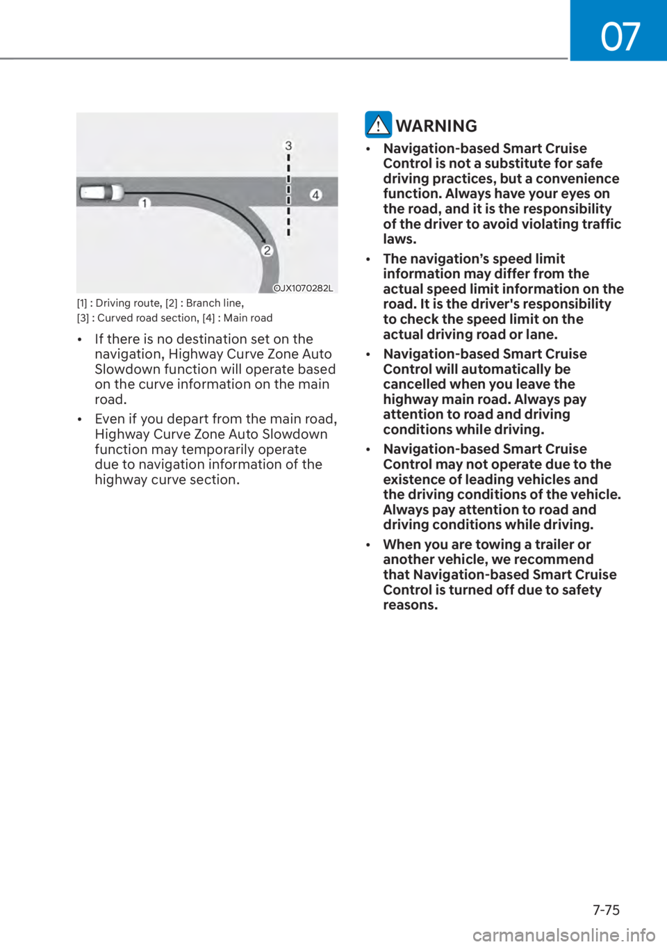 HYUNDAI SANTA FE 2023  Owners Manual 07
7-75
OJX1070282L[1] : Driving route, [2] : Branch line, 
[3] : Curved road section, [4] : Main road
[�If there is no destination set on the 
navigation, Highway Curve Zone Auto 
Slowdown function