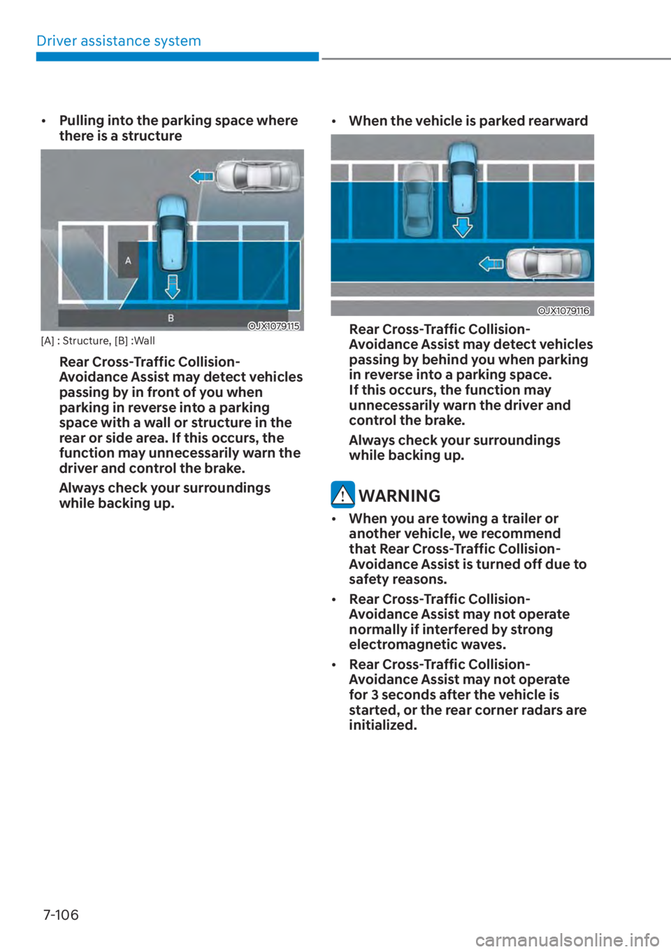 HYUNDAI SANTA FE 2023  Owners Manual Driver assistance system7-106
[� Pulling into the parking space where 
there is a structure 
OJX1079115[A] : Structure, [B] :Wall
Rear Cross-Traffic Collision-
Avoidance Assist may detect vehicles 
