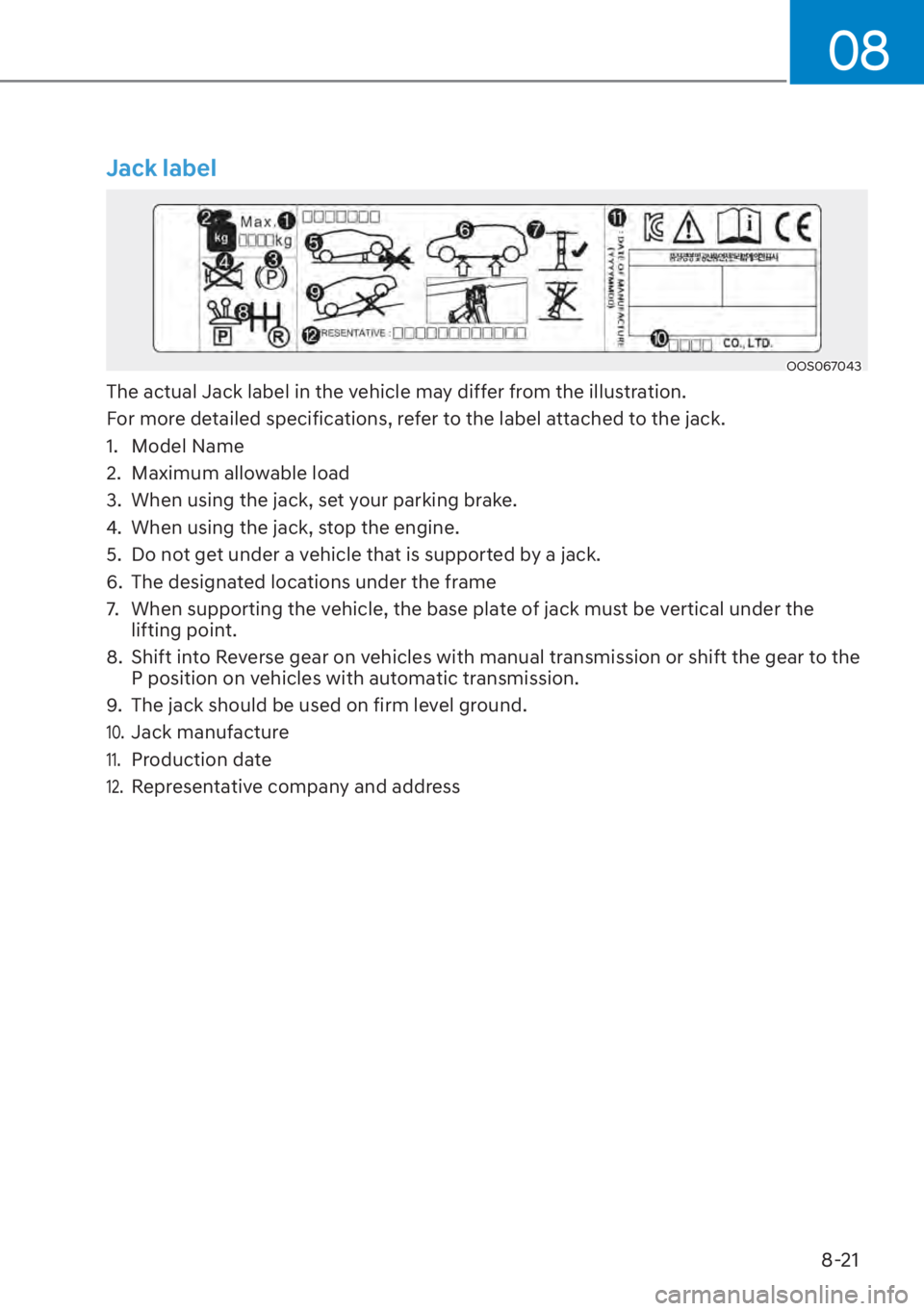 HYUNDAI SANTA FE 2023  Owners Manual 08
8-21
Jack label
OOS067043
The actual Jack label in the vehicle may differ from the illustration.
For more detailed specifications, refer to the label attached to the jack.
1. Model Name
2.  Maximum