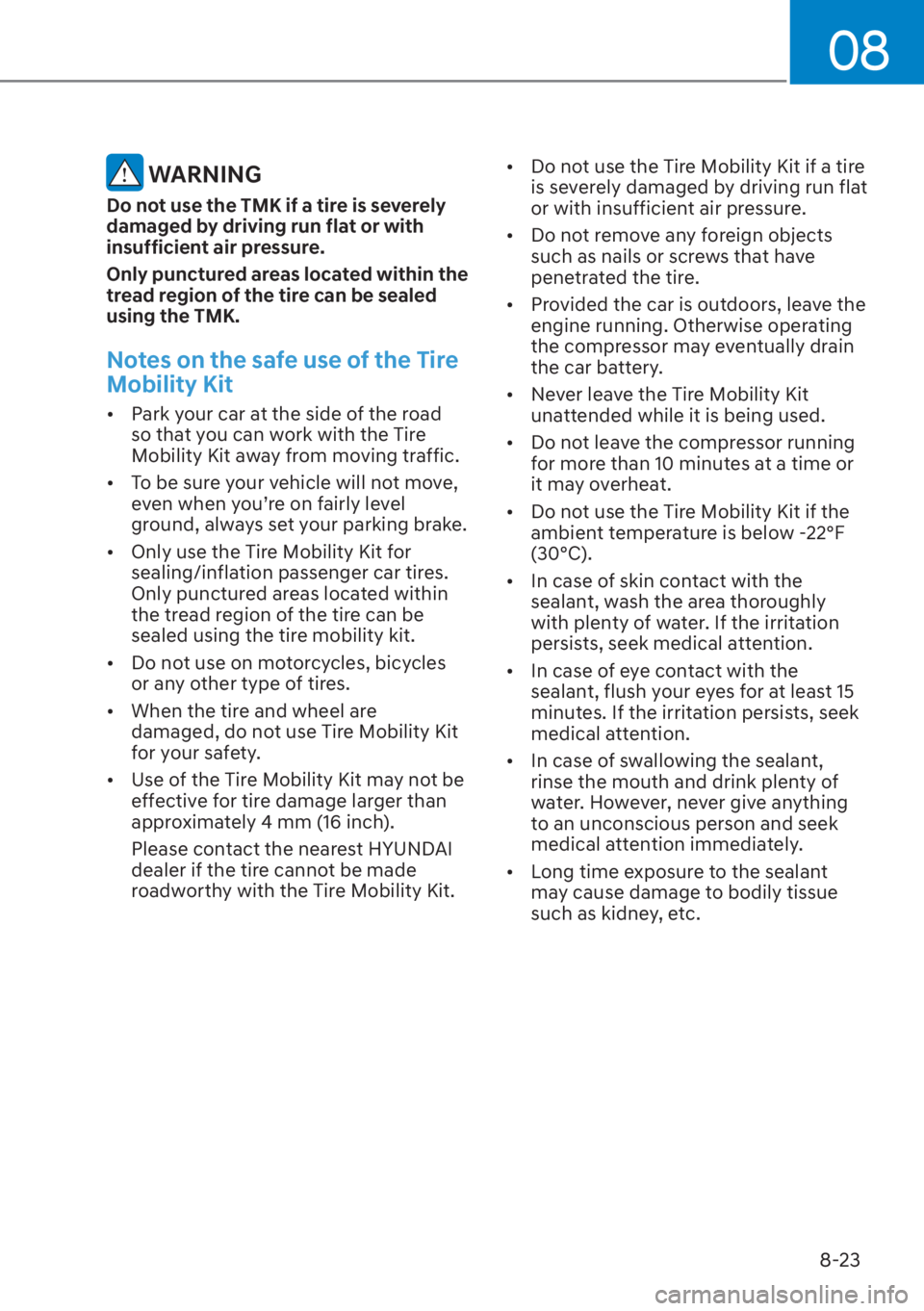 HYUNDAI SANTA FE 2023  Owners Manual 08
8-23
 WARNING
Do not use the TMK if a tire is severely 
damaged by driving run flat or with 
insufficient air pressure.
Only punctured areas located within the 
tread region of the tire can be seal