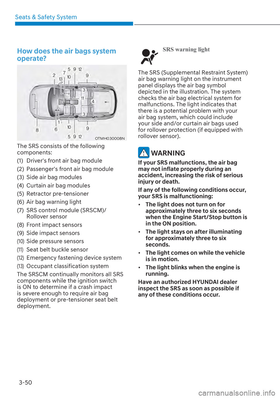 HYUNDAI SANTA FE 2023  Owners Manual Seats & Safety System3-50
How does the air bags system 
operate?
OTMH030008N
The SRS consists of the following 
components:
(1)  Driver's front air bag module
(2)  Passenger's front air bag mo