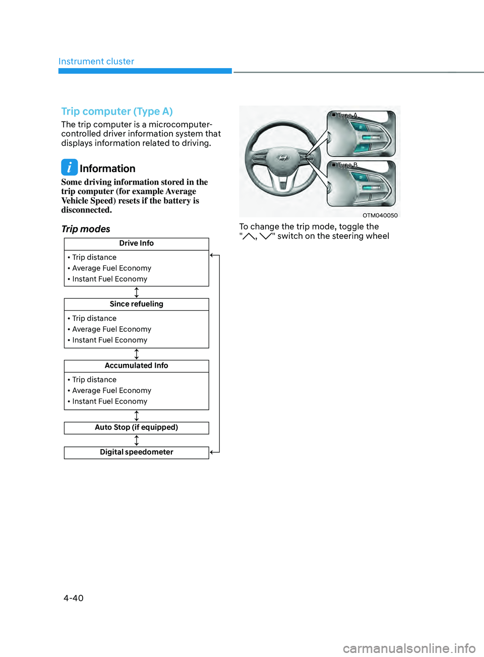 HYUNDAI SANTA FE CALLIGRAPHY 2021 Owners Manual Instrument cluster
4-40
Trip computer (Type A)
The trip computer is a microcomputer-
controlled driver information system that
displays information related to driving.
Information
Some driving infor HYUNDAI SANTA FE CALLIGRAPHY 2021 Owners Manual Instrument cluster
4-40
Trip computer (Type A)
The trip computer is a microcomputer-
controlled driver information system that
displays information related to driving.
Information
Some driving infor