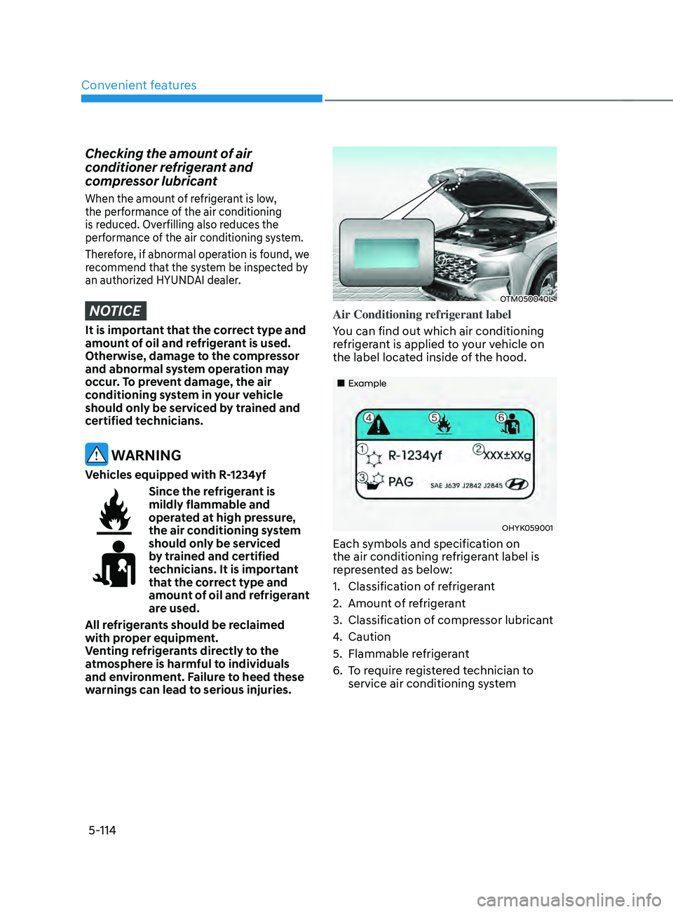 HYUNDAI SANTA FE CALLIGRAPHY 2021 Owners Manual Convenient features
5-114
Checking the amount of air
conditioner refrigerant and
compressor lubricant
When the amount of refrigerant is low,
the performance of the air conditioning
is reduced. Ove HYUNDAI SANTA FE CALLIGRAPHY 2021 Owners Manual Convenient features
5-114
Checking the amount of air
conditioner refrigerant and
compressor lubricant
When the amount of refrigerant is low,
the performance of the air conditioning
is reduced. Ove