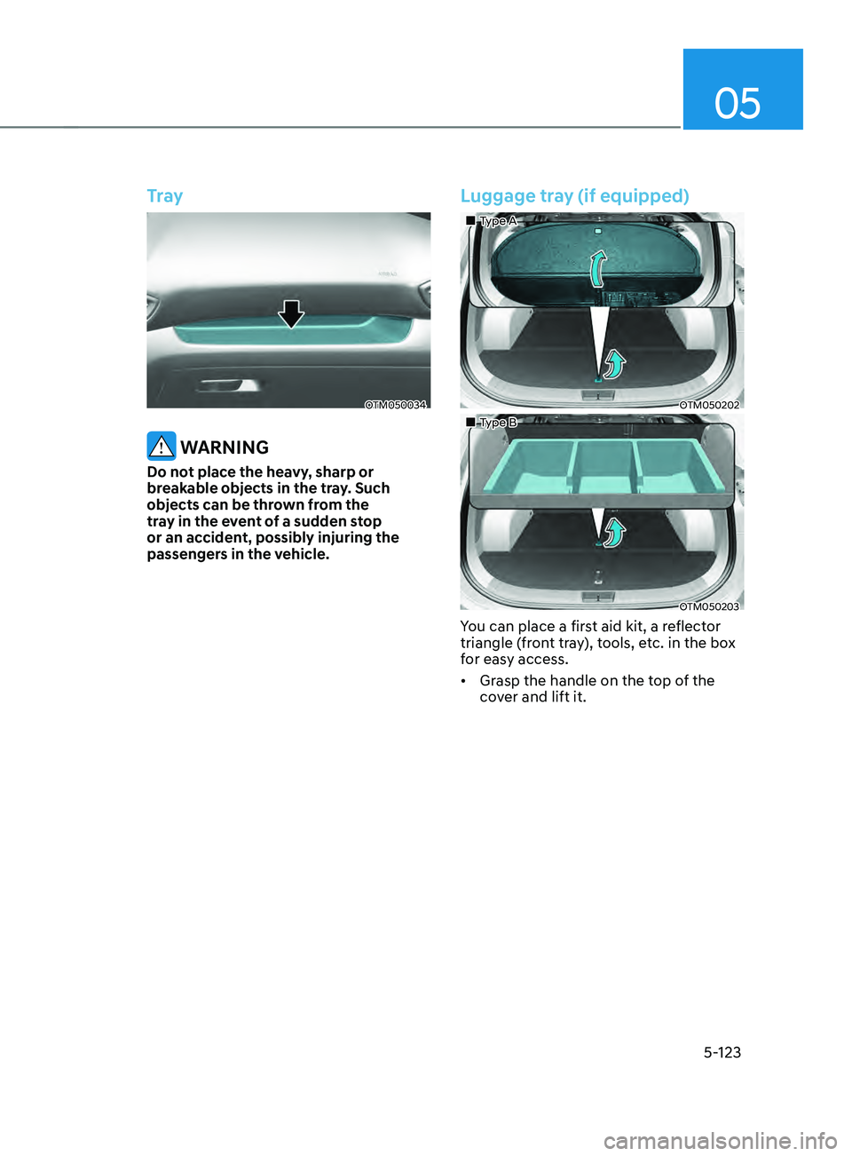 HYUNDAI SANTA FE CALLIGRAPHY 2021  Owners Manual 05
5-123
Tray
OTM050034
 WARNING
Do not place the heavy, sharp or 
breakable objects in the tray. Such 
objects can be thrown from the 
tray in the event of a sudden stop 
or an accident, possibly inj