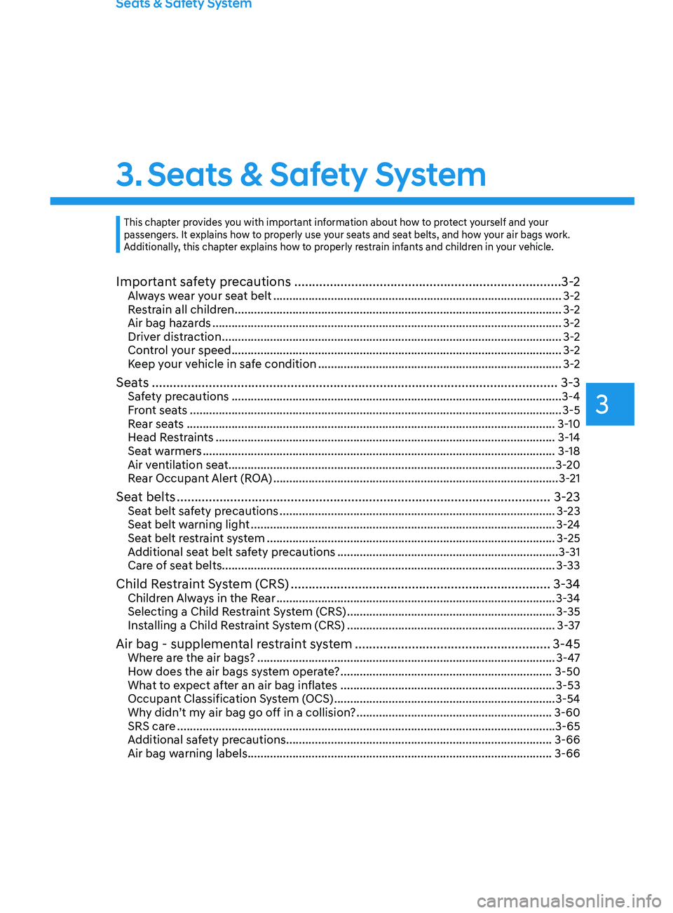 HYUNDAI SANTA FE CALLIGRAPHY 2021  Owners Manual Seats & Safety System
3. Seats & Safety System
Important safety precautions ........................................................................\
... 3-2Always wear your seat belt ................