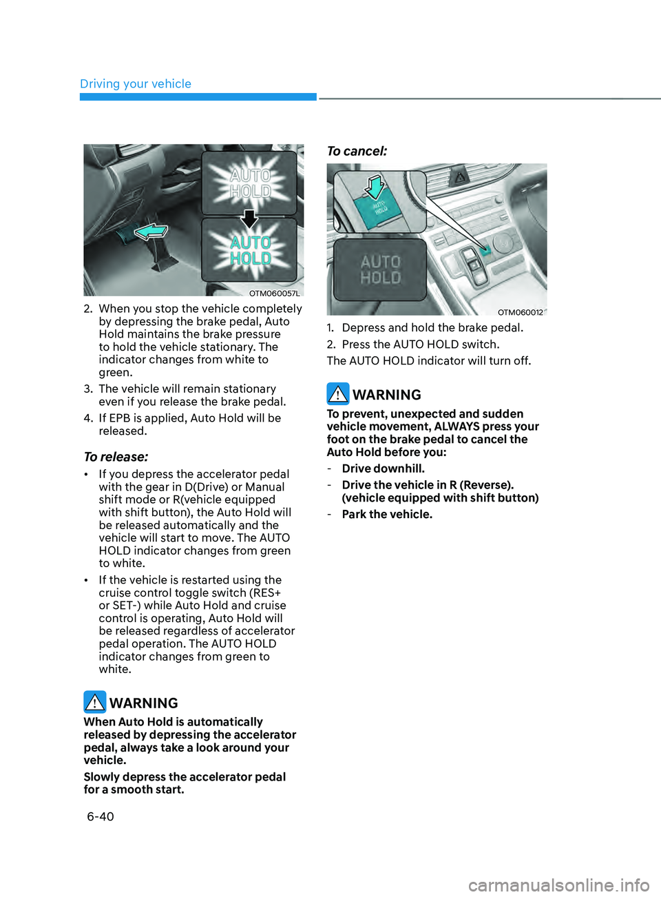 HYUNDAI SANTA FE CALLIGRAPHY 2021 Owners Manual Driving your vehicle
6-40
OTM060057L
2. When you stop the vehicle completely
by depressing the brake pedal, Auto
Hold maintains the brake pressure
to hold the vehicle stationary. The
indicator cha HYUNDAI SANTA FE CALLIGRAPHY 2021 Owners Manual Driving your vehicle
6-40
OTM060057L
2. When you stop the vehicle completely
by depressing the brake pedal, Auto
Hold maintains the brake pressure
to hold the vehicle stationary. The
indicator cha