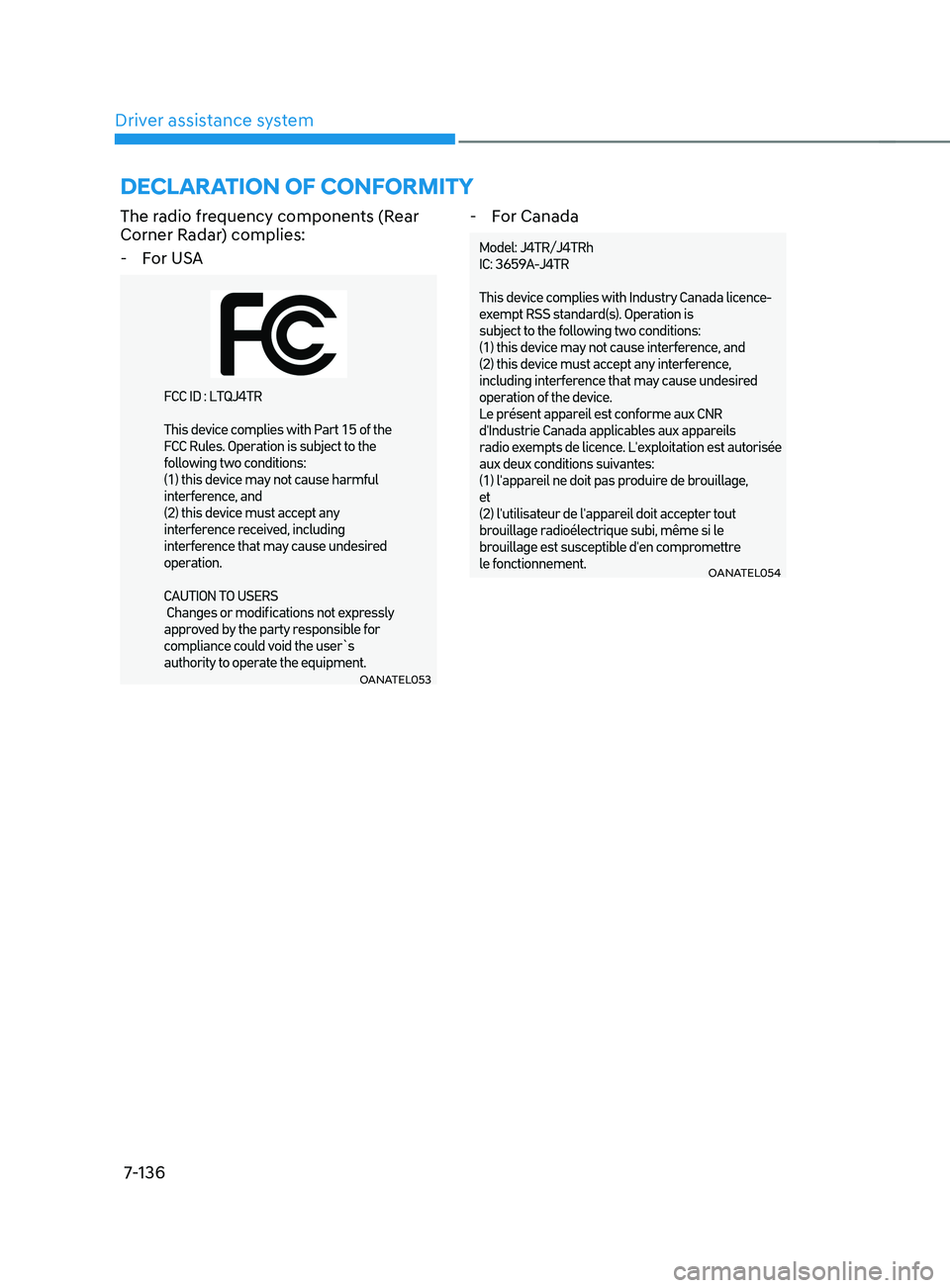 HYUNDAI SANTA FE CALLIGRAPHY 2021  Owners Manual Driver assistance system7-136
DECLARATION OF CONFORMITY 
The radio frequency components (Rear 
Corner Radar) complies:
 - For US
 A
OANATEL053
 - For Canada
OANATEL054   