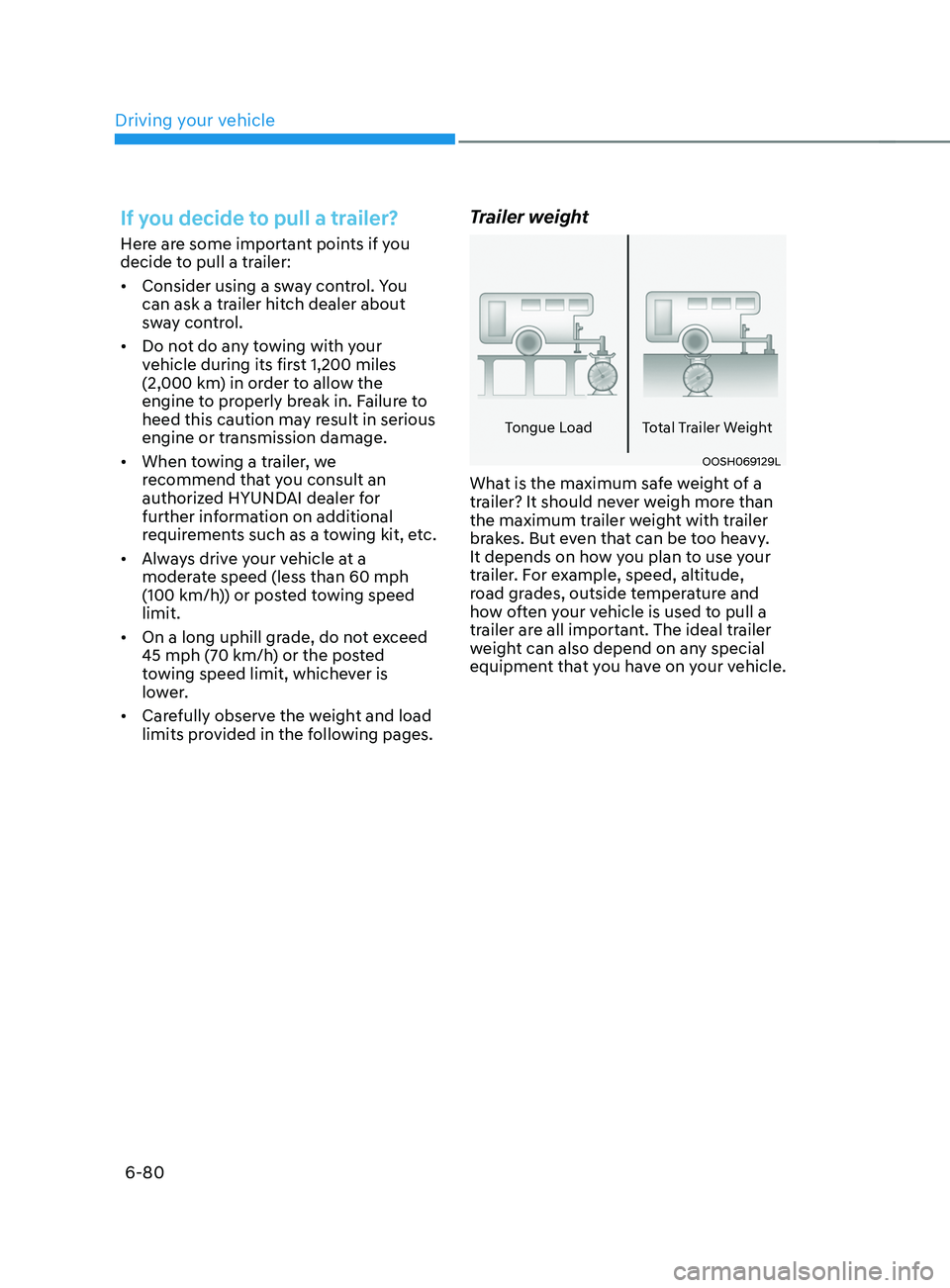 HYUNDAI SANTA FE LIMITED 2021  Owners Manual Driving your vehicle
6-80
If you decide to pull a trailer?
Here are some important points if you 
decide to pull a trailer:
•	Consider using a sway control. You 
can ask a trailer hitch dealer about