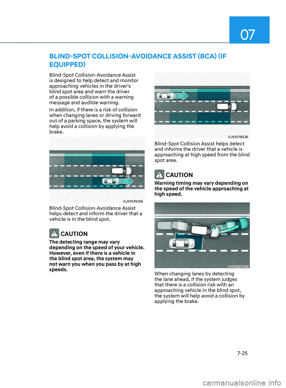 HYUNDAI SANTA FE LIMITED 2021 Owners Manual 07
7-25
bLInD-spOT COLLIsIOn-AVOIDAnCE A ssIsT (bC A) (IF
EQUI
ppED)
Blind-Spot Collision-Avoidance Assist
is designed to help detect and monitor
approaching vehicles in the driver’s
blind spot HYUNDAI SANTA FE LIMITED 2021 Owners Manual 07
7-25
bLInD-spOT COLLIsIOn-AVOIDAnCE A ssIsT (bC A) (IF
EQUI
ppED)
Blind-Spot Collision-Avoidance Assist
is designed to help detect and monitor
approaching vehicles in the driver’s
blind spot