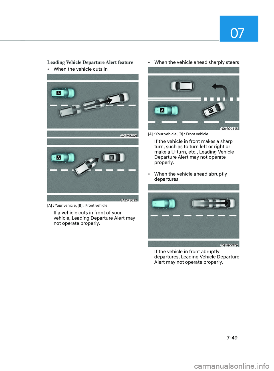 HYUNDAI SANTA FE LIMITED 2021  Owners Manual 07
7-49
Leading Vehicle Departure Alert feature
•	When the vehicle cuts in
OADAS021
OADAS022[A] : Your vehicle, [B] : Front vehicle
If a vehicle cuts in front of your 
vehicle, Leading Departure Ale
