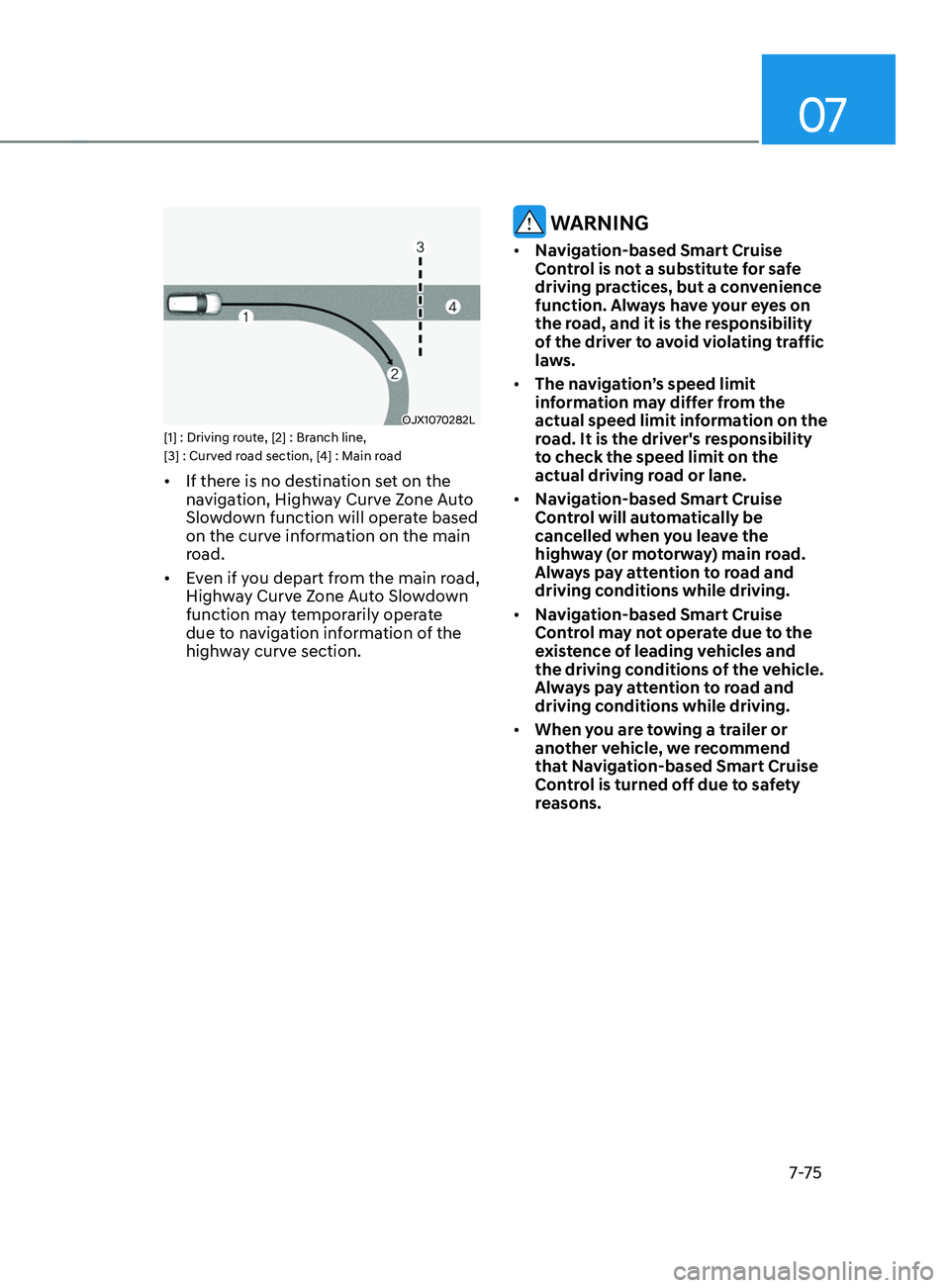 HYUNDAI SANTA FE LIMITED 2021  Owners Manual 07
7-7 5
OJX1070282L[1] : Driving route, [2] : Branch line, 
[3] : Curved road section, [4] : Main road
•	If there is no destination set on the 
navigation, Highway Curve Zone Auto 
Slowdown functio