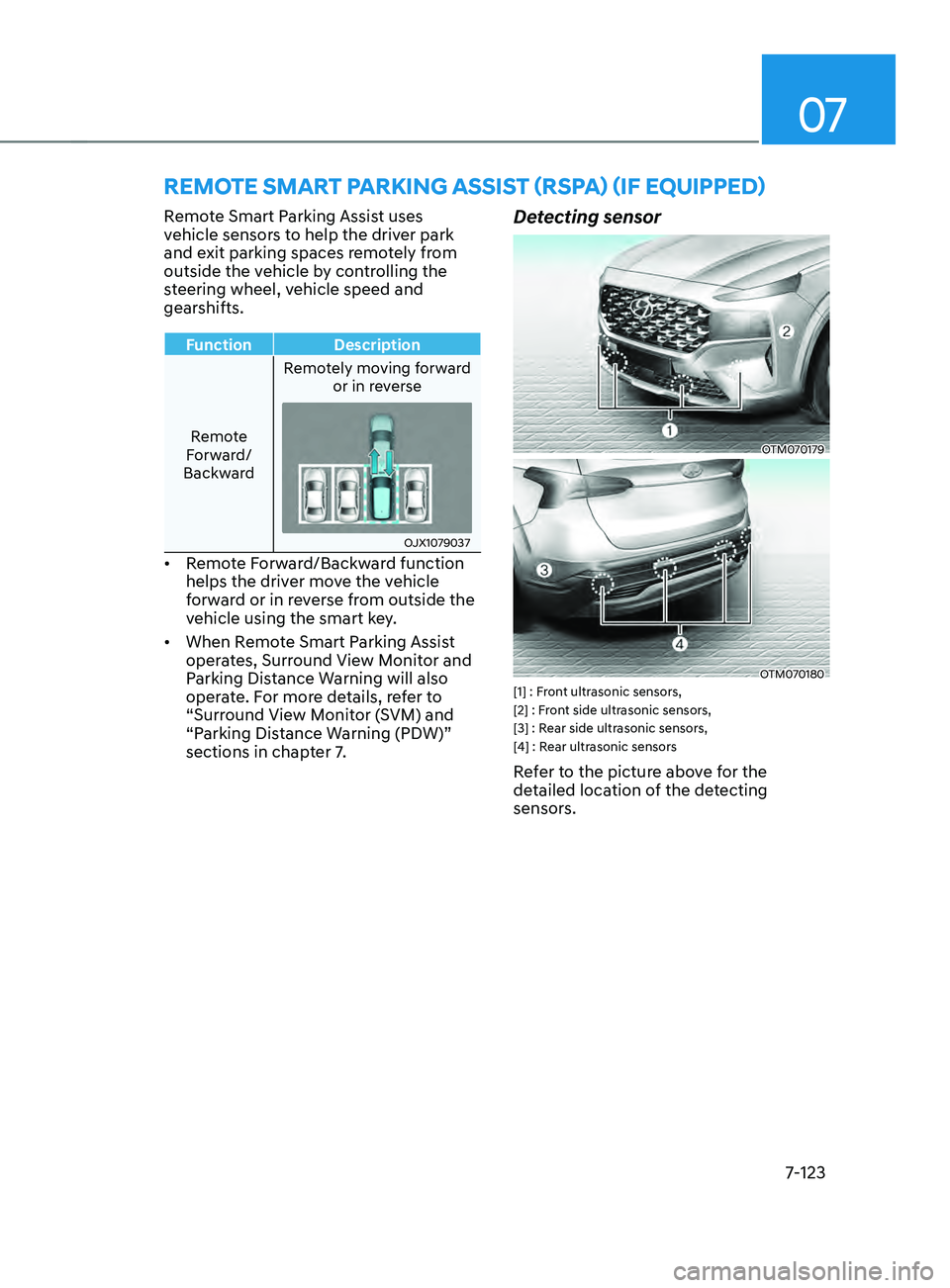 HYUNDAI SANTA FE LIMITED 2021  Owners Manual 07
7-123
REmOTE smART pARkIng AssIsT (RspA) (IF EQUIppED)
Remote Smart Parking Assist uses 
vehicle sensors to help the driver park 
and exit parking spaces remotely from 
outside the vehicle by contr