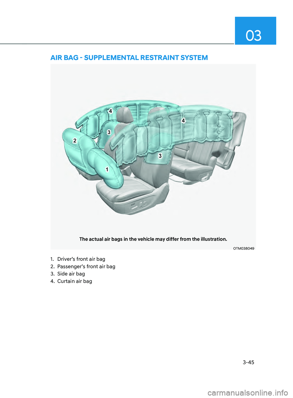 HYUNDAI SANTA FE LIMITED 2021 Manual PDF 3-45
03
The actual air bags in the vehicle may differ from the illustration.
OTM038049
AIR bAg - sUppLEmEnTAL REsTRAInT sYsTEm
1. Driver’s front air bag
2.
 Passenger’
 s front air bag
3.
 Side ai